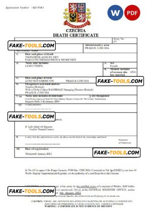 Czechia death certificate Word and PDF template, completely editable