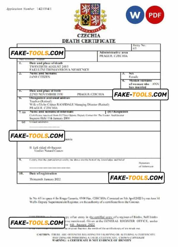 Czechia death certificate Word and PDF template, completely editable