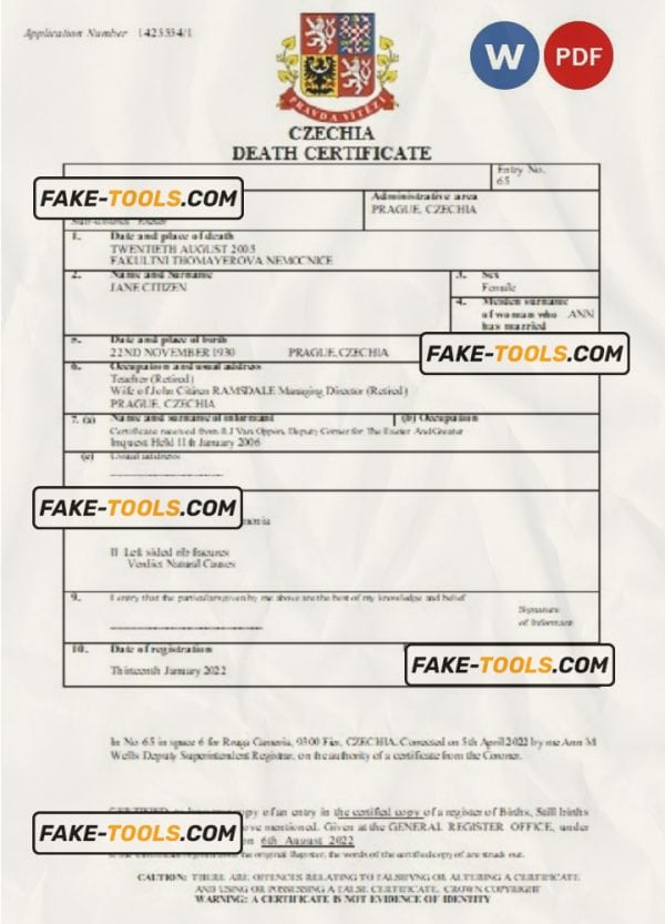 Czechia death certificate Word and PDF template, completely editable