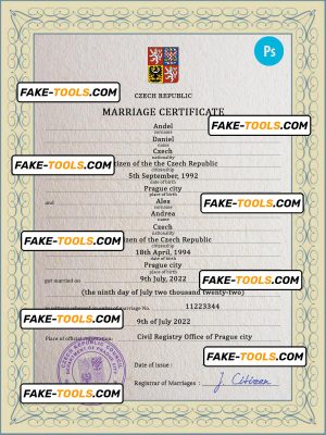 Czechia marriage certificate PSD template, fully editable