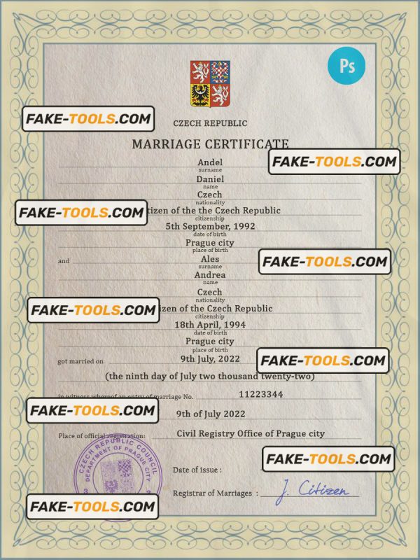 Czechia marriage certificate PSD template, fully editable
