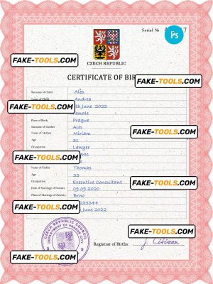 Czechia vital record birth certificate PSD template, completely editable