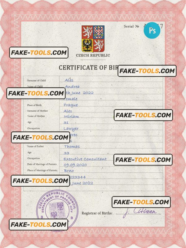Czechia vital record birth certificate PSD template, completely editable