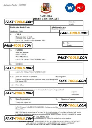 Czechia vital record birth certificate Word and PDF template, completely editable