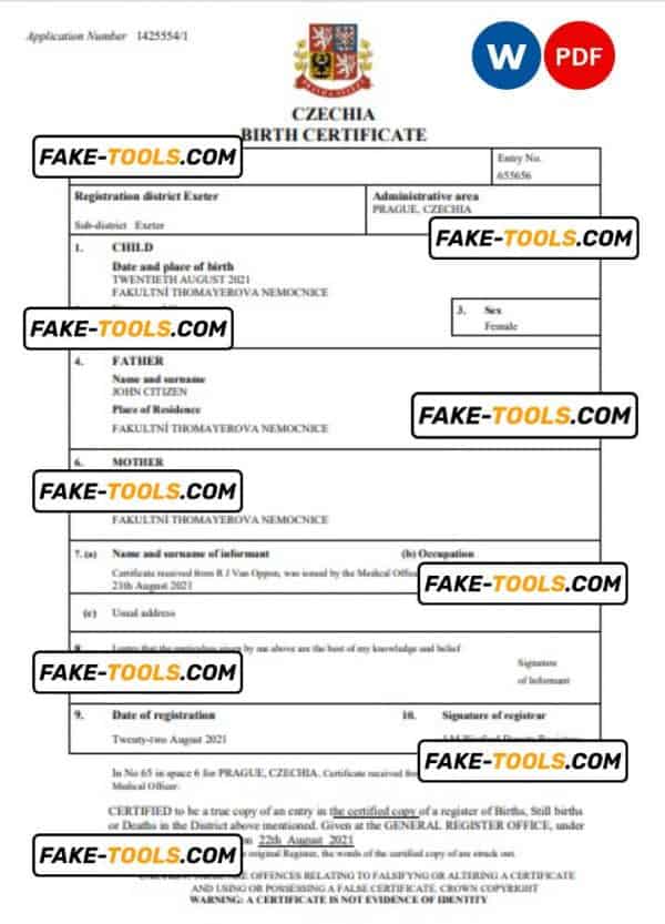 Czechia vital record birth certificate Word and PDF template, completely editable