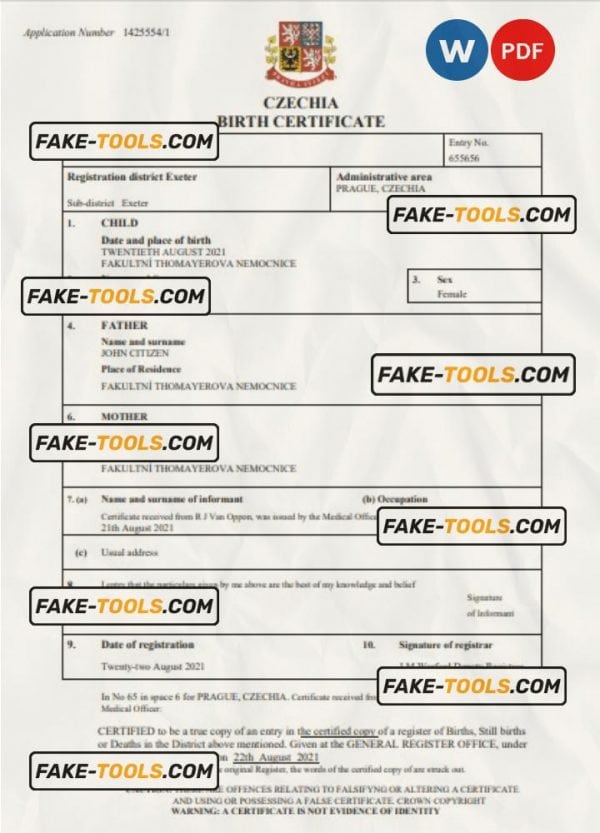 Czechia vital record birth certificate Word and PDF template, completely editable