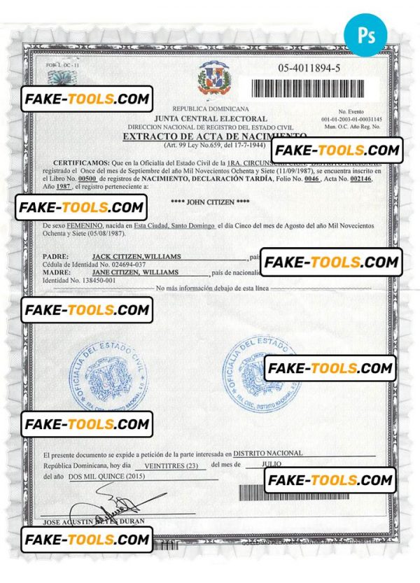 DOMINICAN REPUBLIC vital record birth certificate PSD template