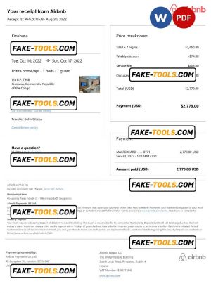 Democratic Republic of the Congo Airbnb booking confirmation Word and PDF template