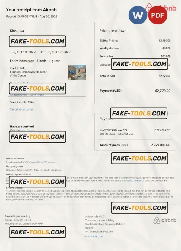 Democratic Republic of the Congo Airbnb booking confirmation Word and PDF template