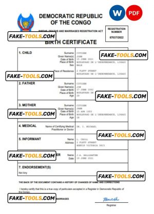 Democratic Republic of the Congo birth certificate Word and PDF template, completely editable