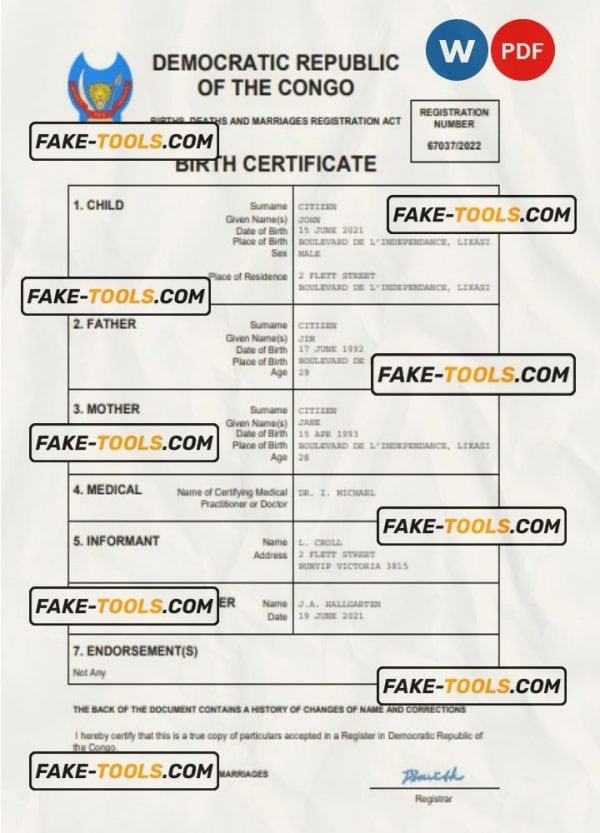 Democratic Republic of the Congo birth certificate Word and PDF template, completely editable