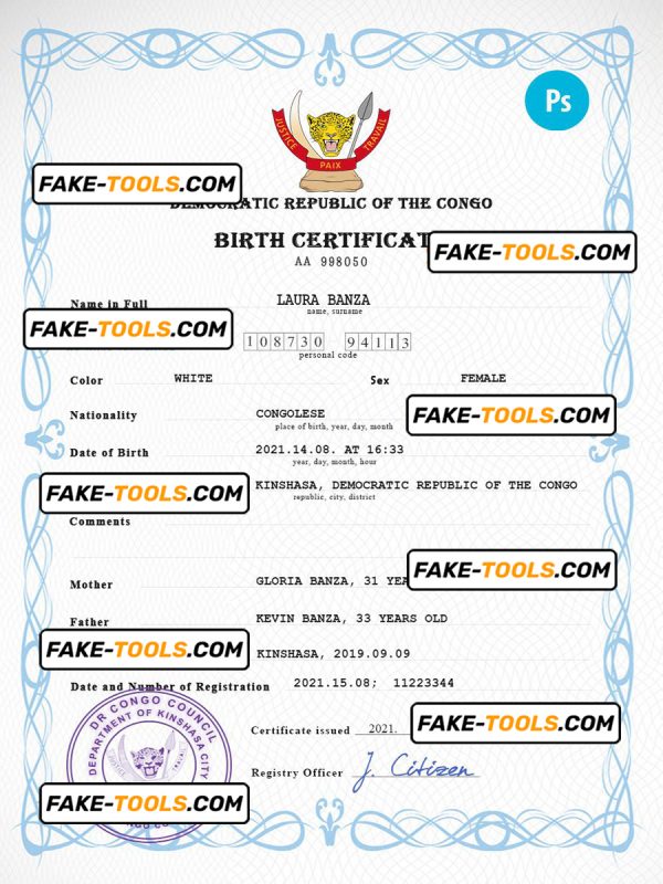 Democratic Republic of the Congo vital record birth certificate PSD template