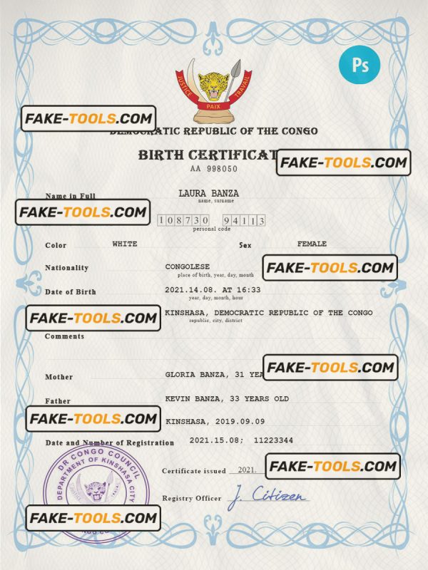 Democratic Republic of the Congo vital record birth certificate PSD template