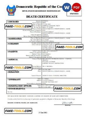 Democratic Republic of the Congo vital record death certificate Word and PDF template