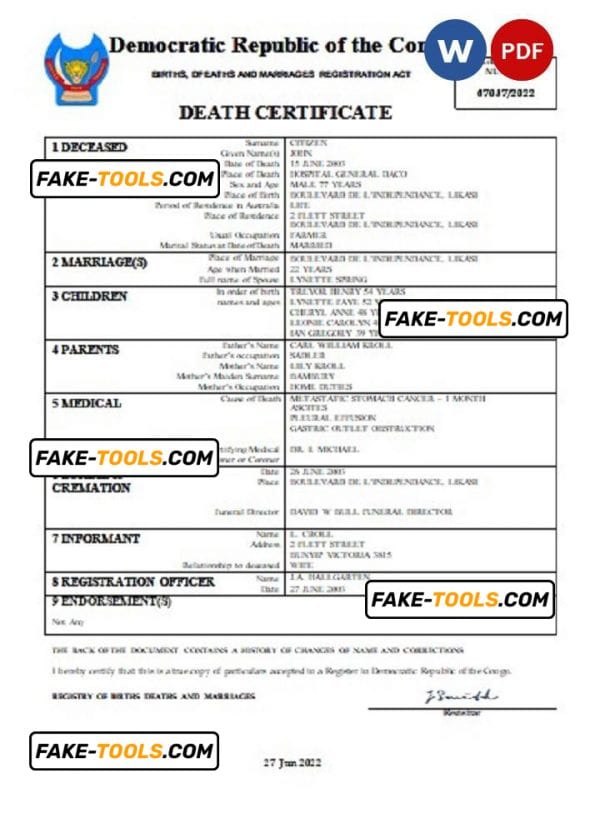 Democratic Republic of the Congo vital record death certificate Word and PDF template
