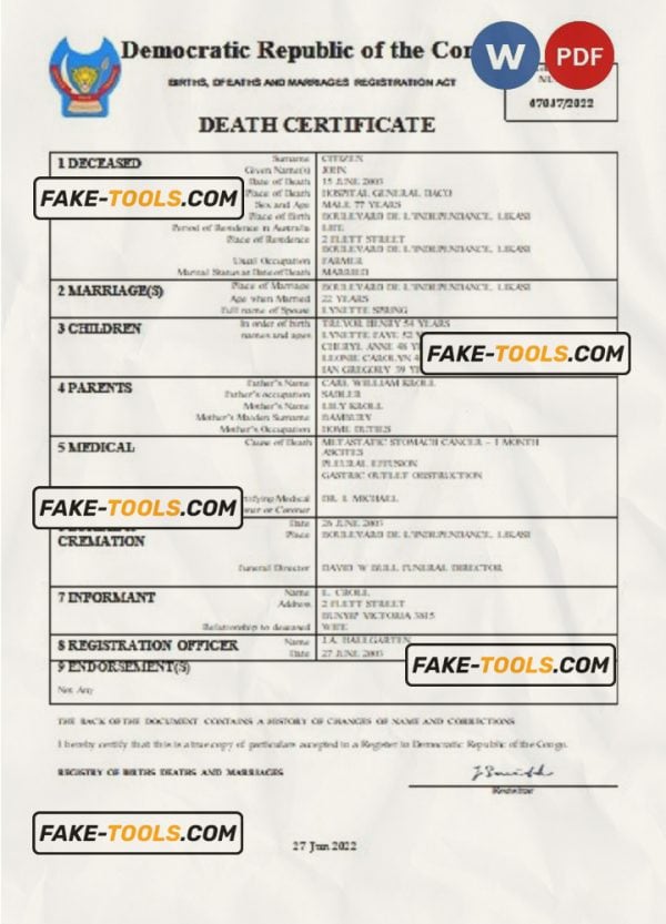 Democratic Republic of the Congo vital record death certificate Word and PDF template