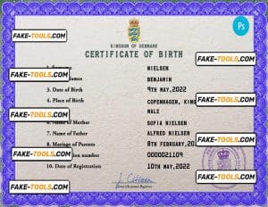 Denmark birth certificate PSD template, completely editable