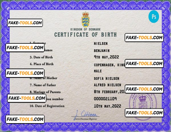 Denmark birth certificate PSD template, completely editable scan effect
