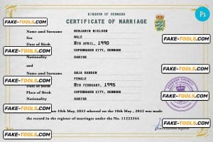 Denmark marriage certificate PSD template, completely editable