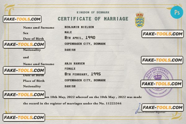 Denmark marriage certificate PSD template, completely editable
