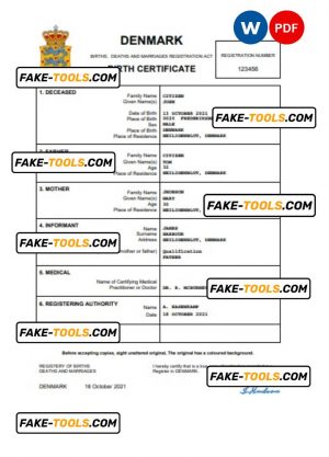 Denmark vital record birth certificate Word and PDF template, completely editable