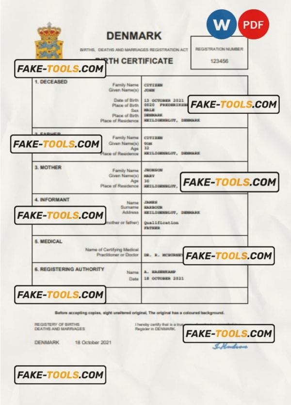 Denmark vital record birth certificate Word and PDF template, completely editable