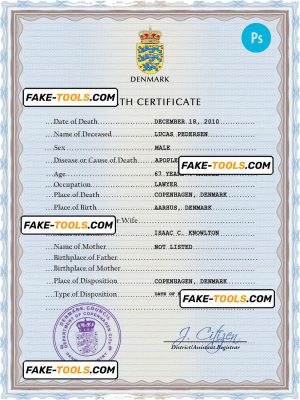 Denmark vital record death certificate PSD template, fully editable