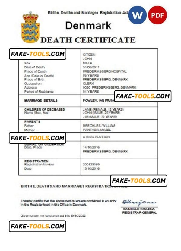 Denmark vital record death certificate Word and PDF template