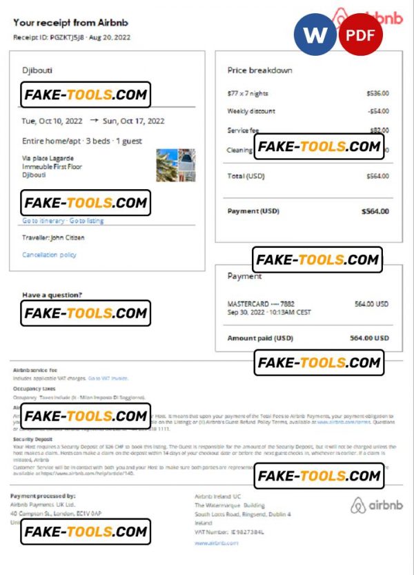 Djibouti Airbnb booking confirmation Word and PDF template