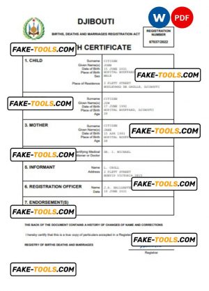 Djibouti birth certificate Word and PDF template, completely editable