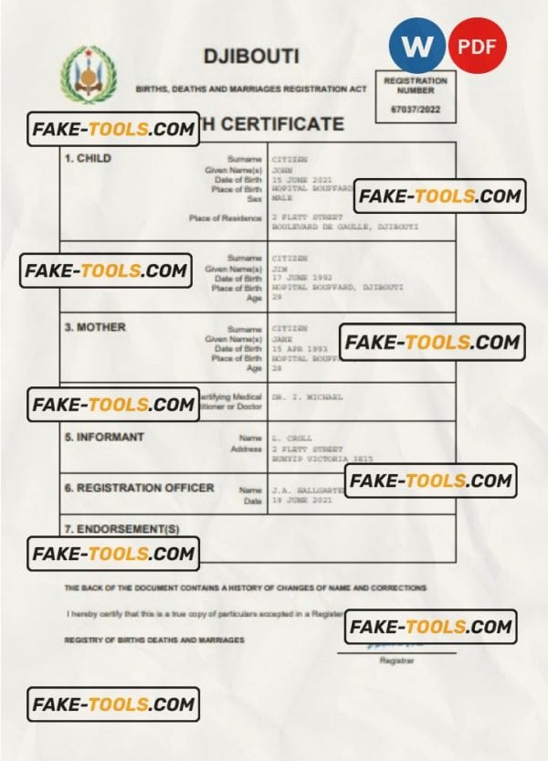 Djibouti birth certificate Word and PDF template, completely editable