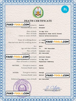 Djibouti death certificate PSD template, completely editable