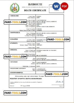 Djibouti death certificate Word and PDF template, completely editable