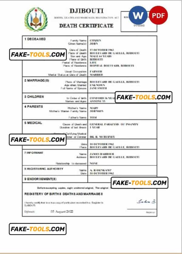Djibouti death certificate Word and PDF template, completely editable