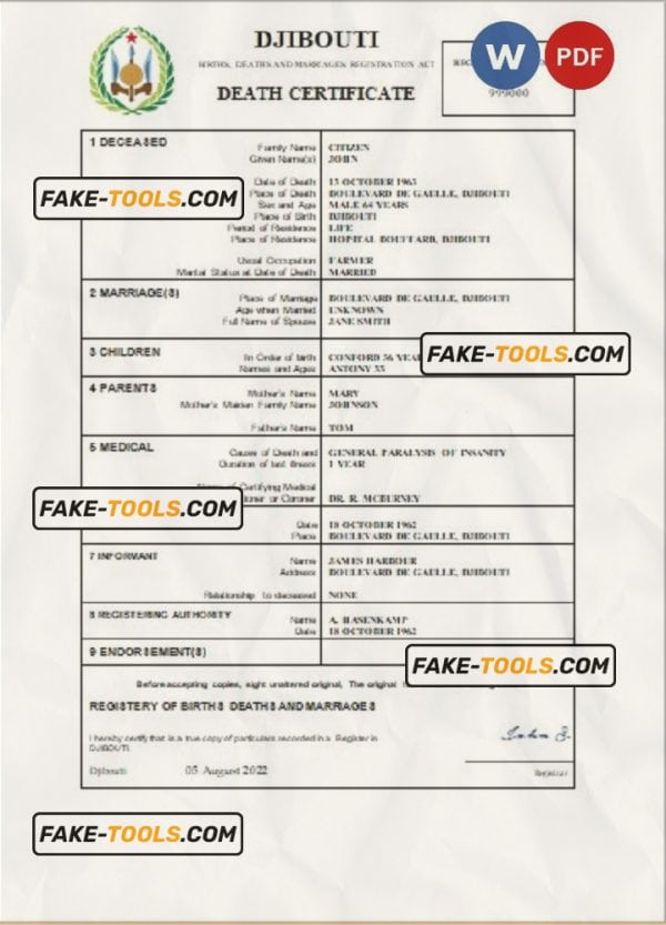 Djibouti death certificate Word and PDF template, completely editable