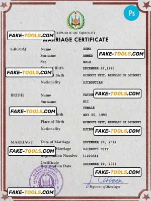 Djibouti marriage certificate PSD template, fully editable