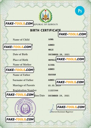 Djibouti vital record birth certificate PSD template, fully editable