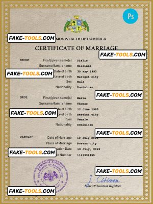 Dominica marriage certificate PSD template, completely editable