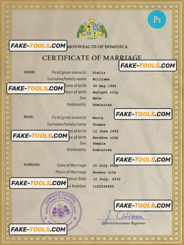 Dominica marriage certificate PSD template, completely editable scan effect