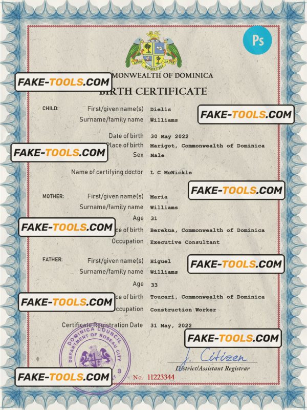 Dominica vital record birth certificate PSD template