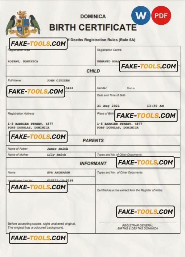 Dominica vital record birth certificate Word and PDF template, completely editable
