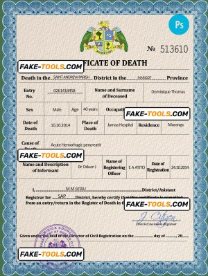 Dominica vital record death certificate PSD template, completely editable