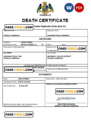 Dominica vital record death certificate Word and PDF template