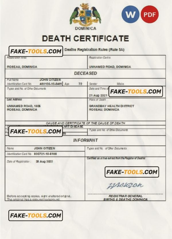 Dominica vital record death certificate Word and PDF template