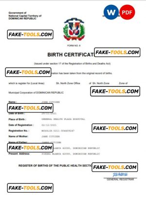 Dominican Republic birth certificate Word and PDF template, completely editable