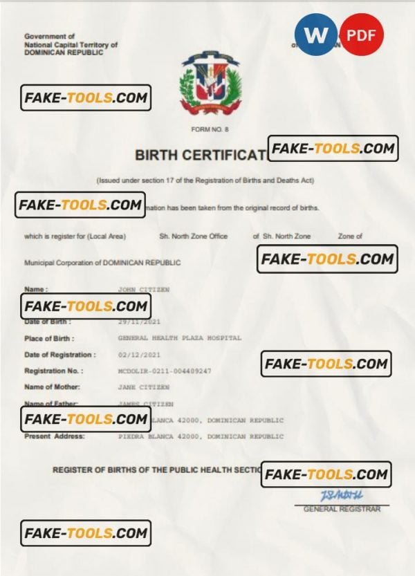 Dominican Republic birth certificate Word and PDF template, completely editable