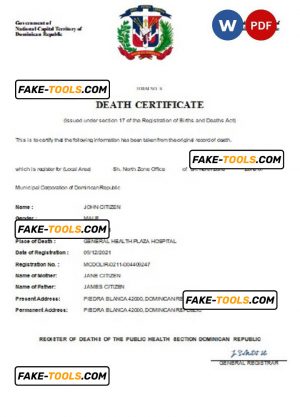 Dominican Republic death certificate Word and PDF template, completely editable