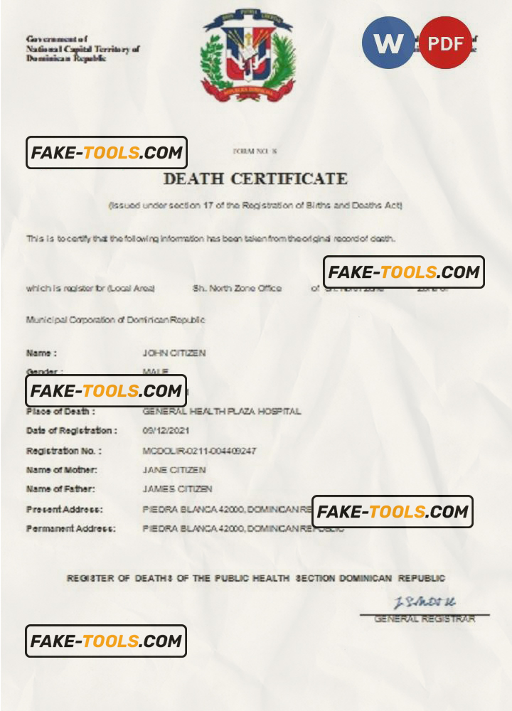 Dominican Republic death certificate Word and PDF template completely