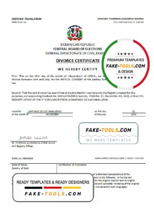 Dominican Republic divorce certificate template in Word format