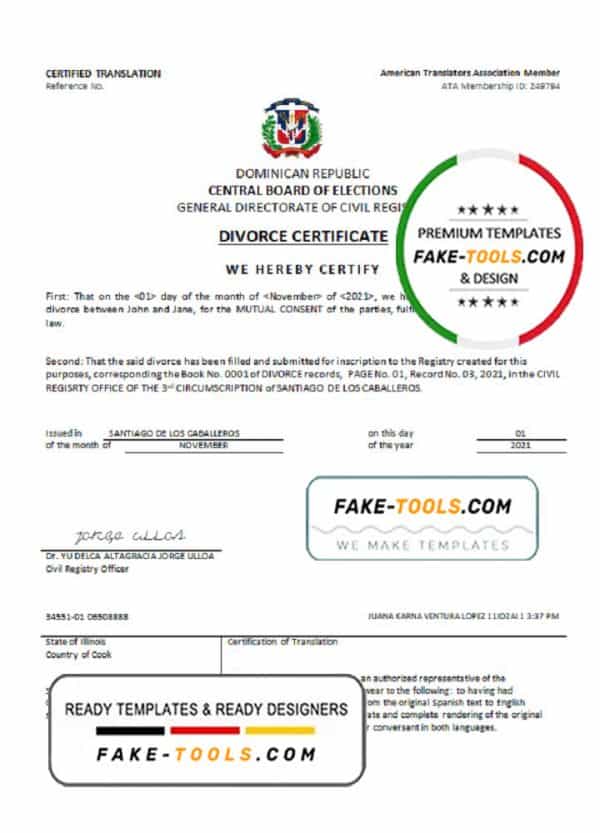 Dominican Republic divorce certificate template in Word format